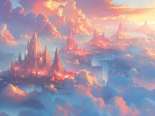 A colorful sky with a castle in the middle and a city in the background