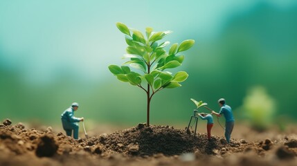men are planting trees and watering them to help increase oxygen in the air and reduce global...