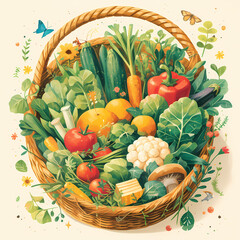 Vibrant Basket of Fresh Farm Fruits and Vegetables for Organic Living and Healthful Diet Promotion
