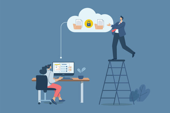 Organizing important information and storing company or organization data in secure cloud technology, With global online connections. Vector design illustration.