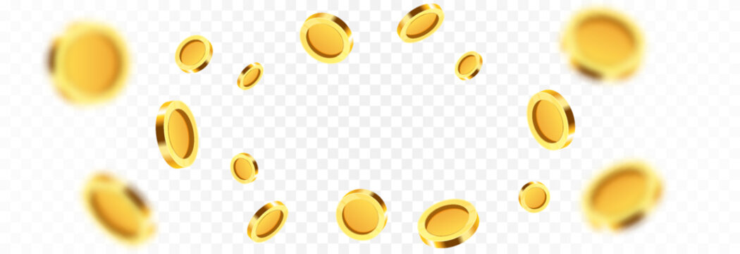 Realistic gold coins png. Explosion of gold coins png. Gold coins fall from the sky. Victory, easy money.