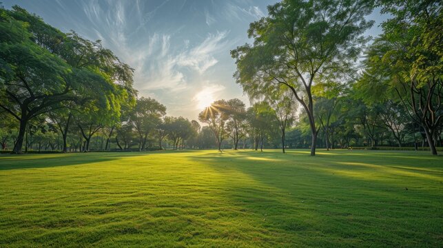 Beautiful park with green grass field and morning sunlight landscape. AI generated image