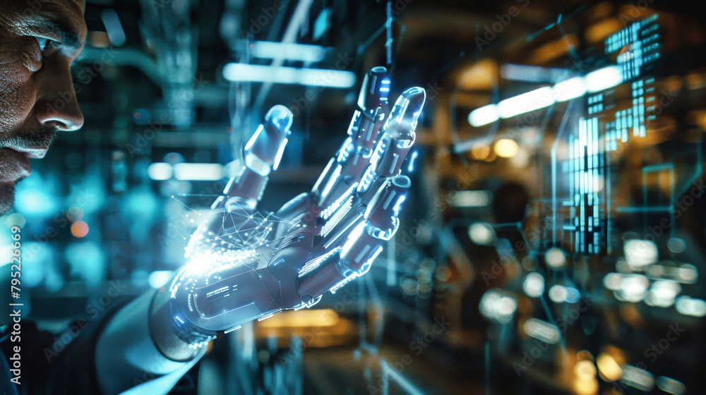 Poster a man dressed in a suit is engaging with a sophisticated robotic hand in a futuristic setting