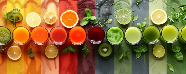 Glasses of fresh juices in a row on a rainbow background