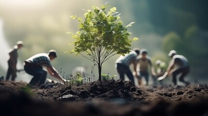 men are planting trees and watering them to help increase oxygen in the air and reduce global warming, Save world save life and Plant a tree. - obrazy, fototapety, plakaty