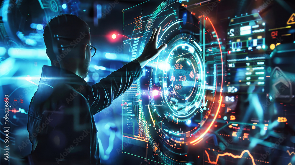 Poster a futuristic robot extends its mechanical hand to touch a brightly lit screen, showcasing a seamless