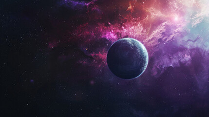 A large planet is floating in space with a purple and pink background