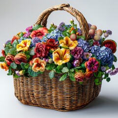 Fototapeta na wymiar A beautiful bouquet of colorful flowers in a wicker basket.