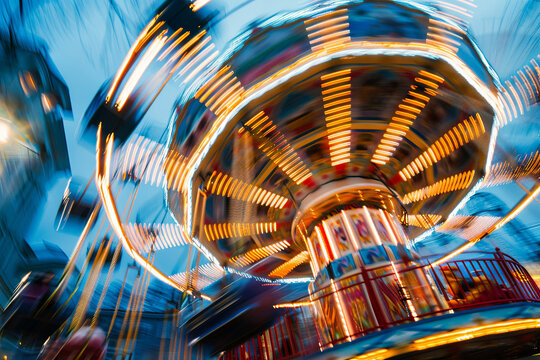 Merry-go-round and Ferris wheel captured in motion blur during nighttime, achieved through extended exposure photography