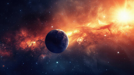 A planet is in the middle of a galaxy with a sun in the background