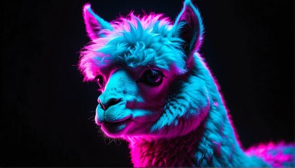 holographic glowing portrait of alpaca on black dark background from Generative AI