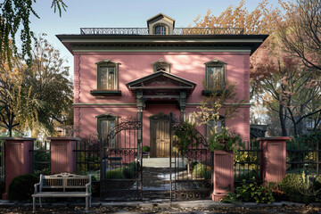 Full front view of a classic house in dusky rose, with a vintage wrought-iron fence and an antique garden bench.