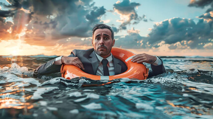 A businessman in a suit and tie explores the ocean on an orange raft with a lifebuoy, embracing adventure and the great unknown