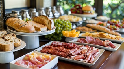 A breakfast buffet with a variety of breads, cheeses, fruits, and meats.