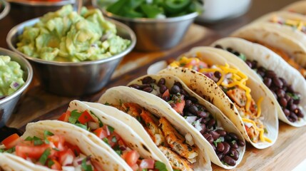 A variety of tacos with different fillings and toppings.