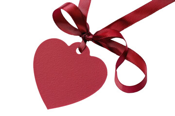 red gift tag heart shape with red ribbon bow isolated