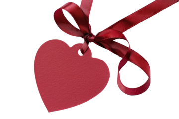 red gift tag heart shape with red ribbon bow isolated
