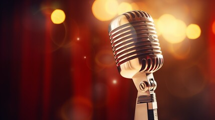Microphone for singer music background with spot lighting. Concept Public speaking on stage with mic.