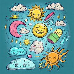 A set of cute cartoon weather icons, including the sun, moon, clouds, rain, and lightning.