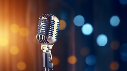 Microphone for singer music background with spot lighting. Concept Public speaking on stage with...