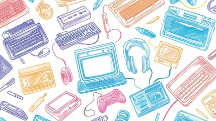 A seamless pattern of colorful hand drawn vintage and modern electronic devices.