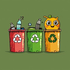 A cute cartoon orange mascot jumps out of an orange recycling bin.