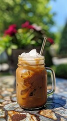 Iced coffee in a mason jar with a metal straw on a table outside.