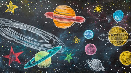 Naklejka premium A drawing of the solar system in chalk on a blackboard.