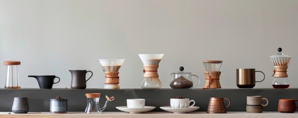 An assortment of coffee making equipment and cups on a shelf with a gray background.