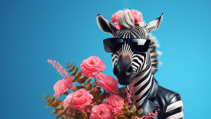 Obraz premium Anthropomorphic hyperrealistic cyberpunk zebra male character wearing sunglasses holding bouquet of pink flowers on minimal blue background. Modern pop art illustration
