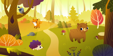 Cartoon autumn forest panorama with cute animals. Cute vector fall woodland landscape with baby animals.