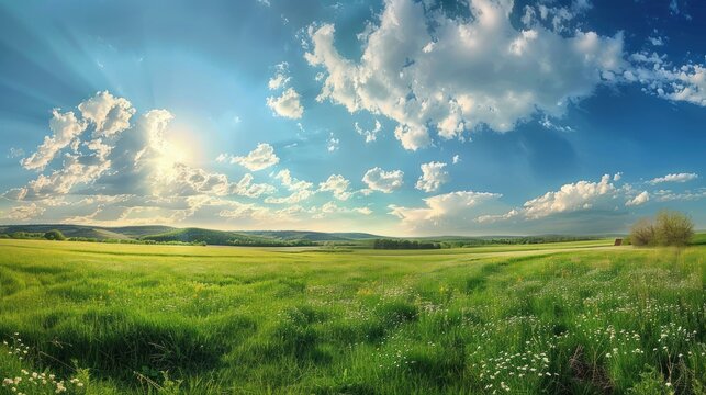 Panoramic sky with fluffy clouds over green field spring landscape. AI generated image