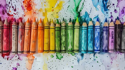 A row of watercolor pencils over a watercolor background. - obrazy, fototapety, plakaty