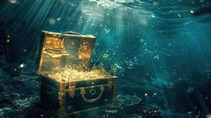 An open pirate treasure chest containing glowing gold sinks to the bottom of the ocean.