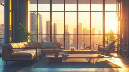 A stylish modern living room used as a background, featuring sleek furniture, contemporary artwork, and large windows with a city view