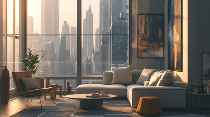A stylish modern living room used as a background, featuring sleek furniture, contemporary artwork, and large windows with a city view