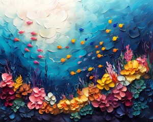 A beautiful oil painting of a coral reef with many colorful fish. - obrazy, fototapety, plakaty