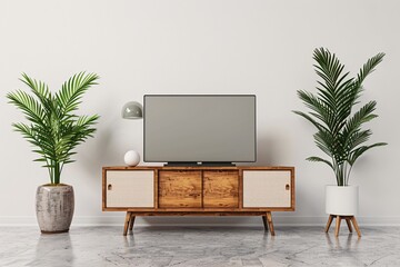 a tv on a cabinet with two plants in front of it