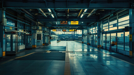 A large, empty train station with a few signs hanging from the ceiling