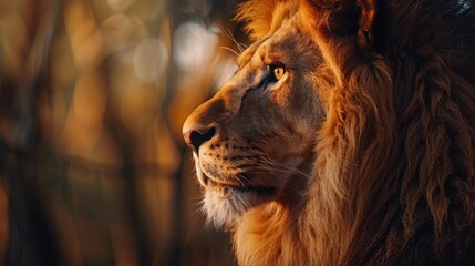 Beautiful king lion on savannah grass nature, with beautiful big eyes, With Beautiful blur Background, - obrazy, fototapety, plakaty