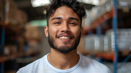 Naklejka premium A latin man with a beard and a smile is standing in a warehouse. He is wearing a gray shirt and is smiling at the camera. handsome latin man smiling in a warehouse looking directly into the camera