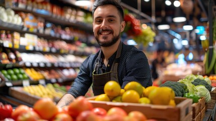 A handsome merchant in an apron is arranging organic fruits and vegetables. He smiles at the camera. Friendly and efficient staff at the shop.