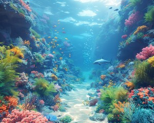 Underwater coral reef with a shark and many colorful fish - obrazy, fototapety, plakaty