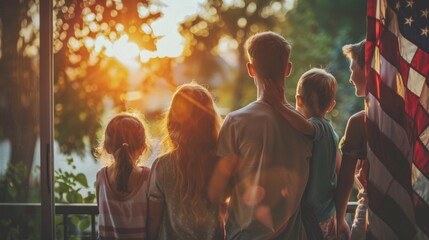 Family standing at window and looking outside house wrapped in USA flag celebrating Independence Day. United States Patriotic Holiday