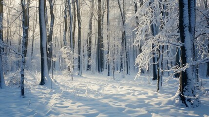 Snowy forest trees covered in snow