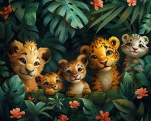 Fototapeta premium A group of cute baby big cats in a lush green jungle setting.