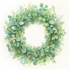 A Vibrant Watercolor Wreath of Fresh Eucalyptus Leaves, Perfect for Home Décor and Greeting Cards