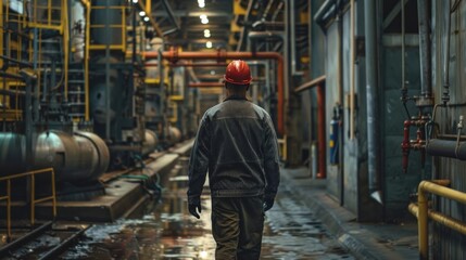 Fototapeta premium A Factory workers wearing hard hats walk through industrial plants.