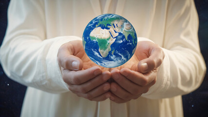 Jesus' hands carefully surround planet Earth with care