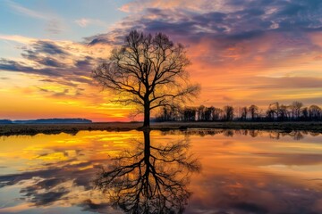 Obraz premium Lone Tree Standing Tall Against The Backdrop of a Golden Sunset, With The Vibrant Colors of The Sky Reflecting in a Nearby Pond, Generative AI